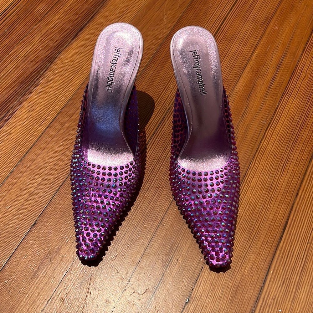 Crystal and vinyl pink mules